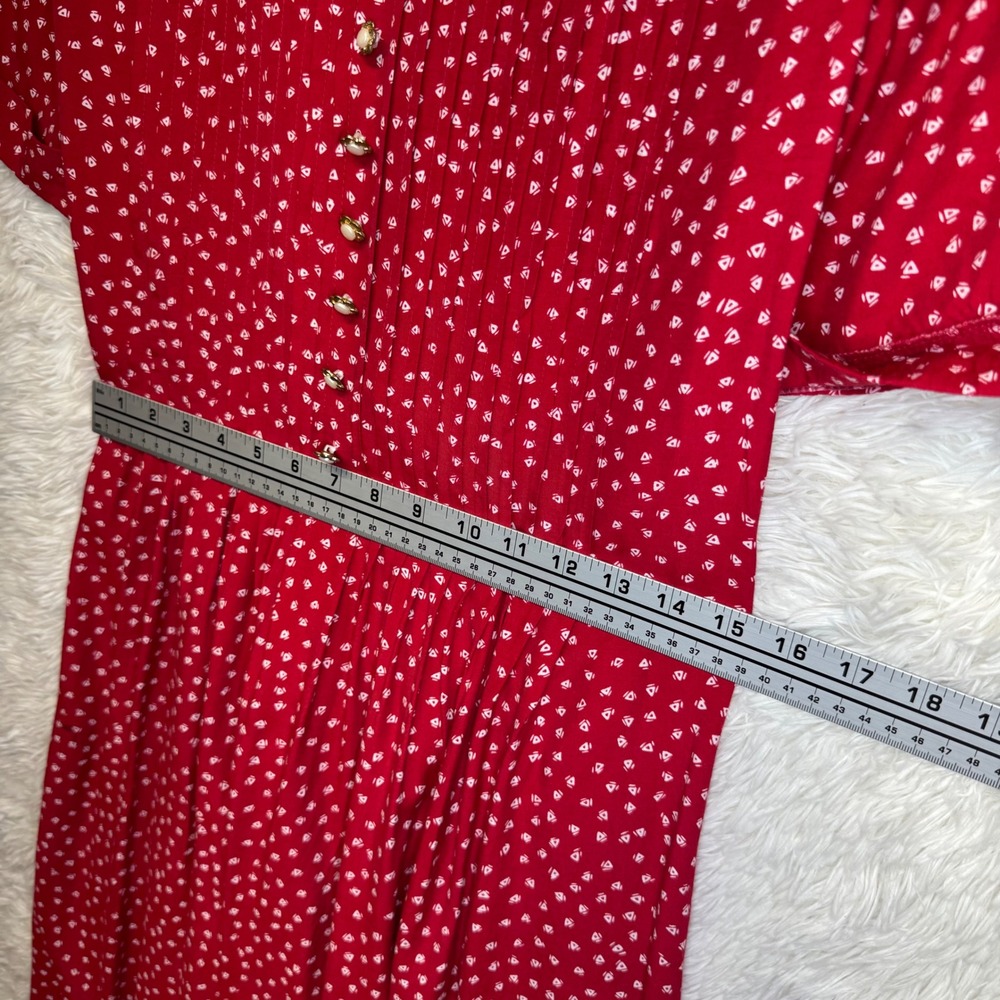 VTG Sunshine Starshine Red 80's Print Dress Peter Pan Collar Pleated sz 12 - Picture 10 of 10
